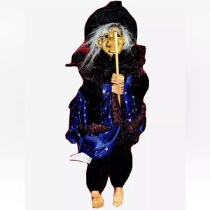 GANZ WITCH scary DOLL 15” Purple Cape Black Hat Gold Star Dress ON BROOM creepy